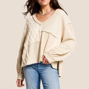 POL Women's Cream V-Neck Patchwork Sweater